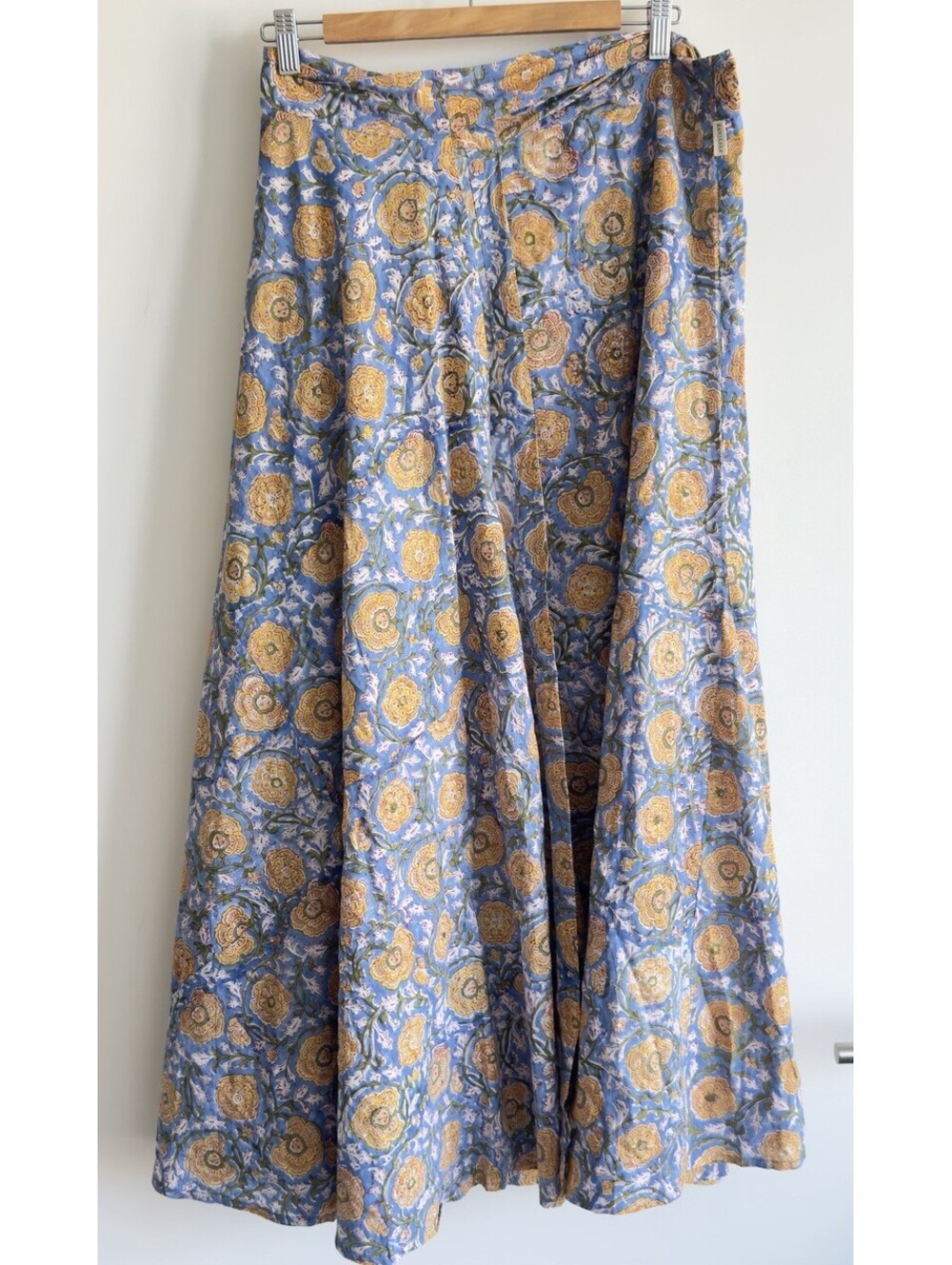 Banjaara Midi Wrap Skirt Blue Yellow Floral Hand Block Print Cotton L/XL - Picture 9 of 12